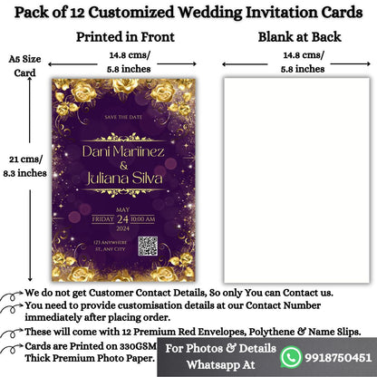 Wedding Invitation Cards with Envelopes | Customised Pack of 12 | One side Printed