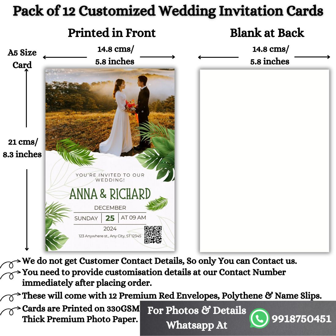 Wedding Invitation Card with Couple Photo | Customised Pack of 12 | One side Printed | Envelopes Included