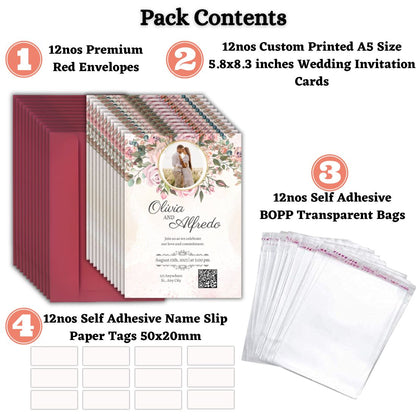 Wedding Invitation Card with Couple Photo | Customised Pack of 12 | One side Printed | Envelopes Included