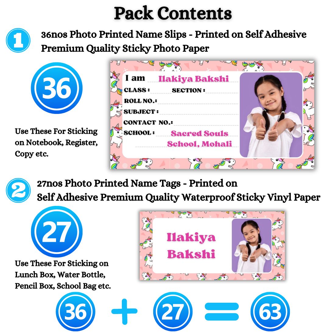 Kids Photo Name Slips & Tags | Pack of 63 | 36 Name Slips & 27 Tags