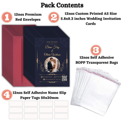 Wedding Invitation Card with Couple Photo | Customised Pack of 12 | One side Printed | Envelopes Included