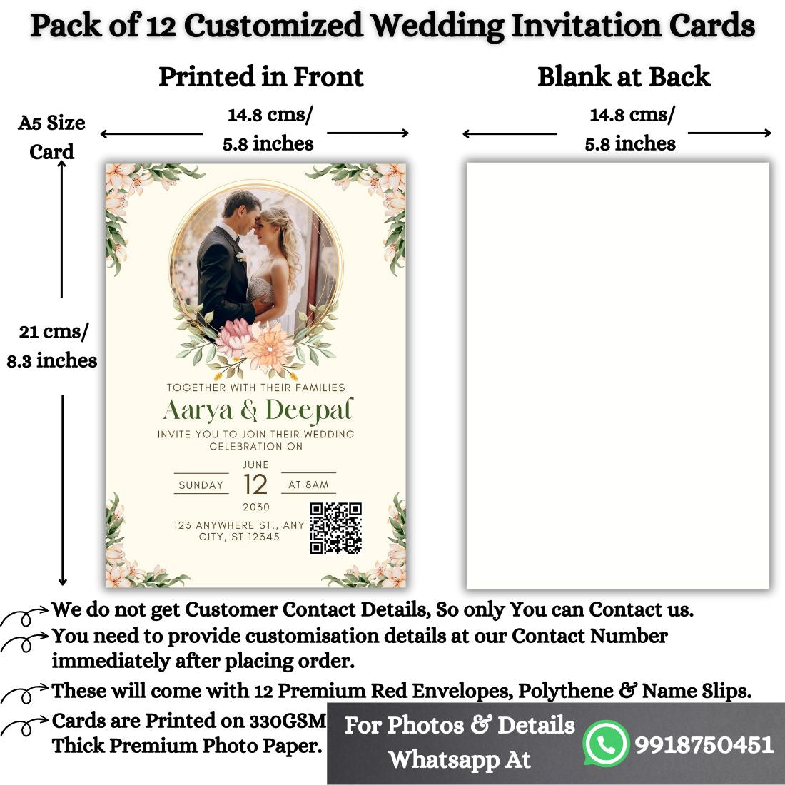 Wedding Invitation Card with Couple Photo | Customised Pack of 12 | One side Printed | Envelopes Included