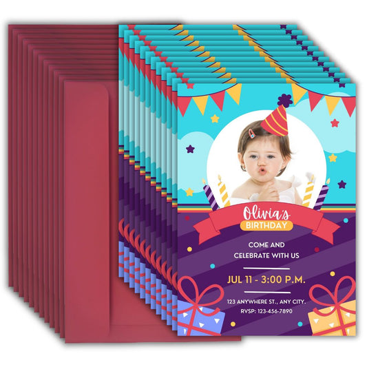 Custom Birthday Invitation Card for Kids with Envelopes | Pack of 12 | One side Printed