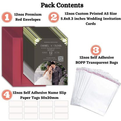 Wedding Invitation Card with Couple Photo | Customised Pack of 12 | One side Printed | Envelopes Included