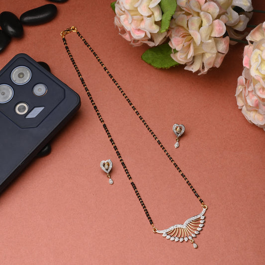 Gold Plated AD Mangalsutra Pendant and Earrings Set with Black Beads Chain