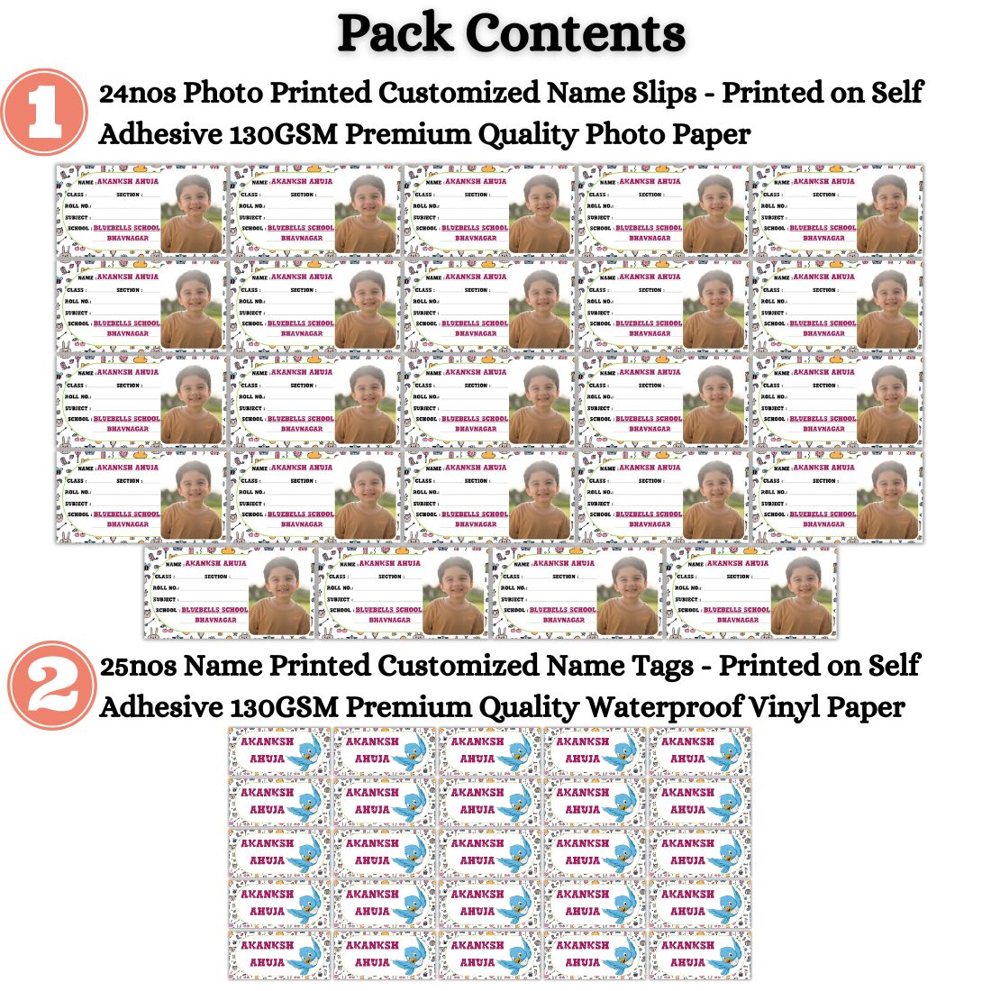 Kids Photo Name Slips & Tags | Pack of 49 | 24 Name Slips & 25 Tags