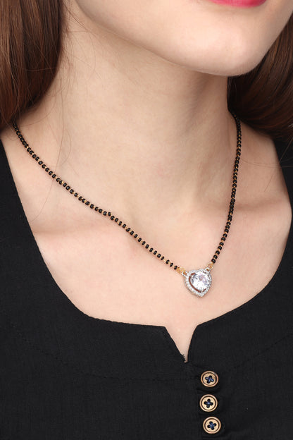 Gold Plated AD Mangalsutra Pendant and Earrings Set with Black Beads Chain