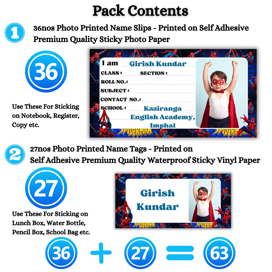 Kids Photo Name Slips & Tags | Pack of 63 | 36 Name Slips & 27 Tags