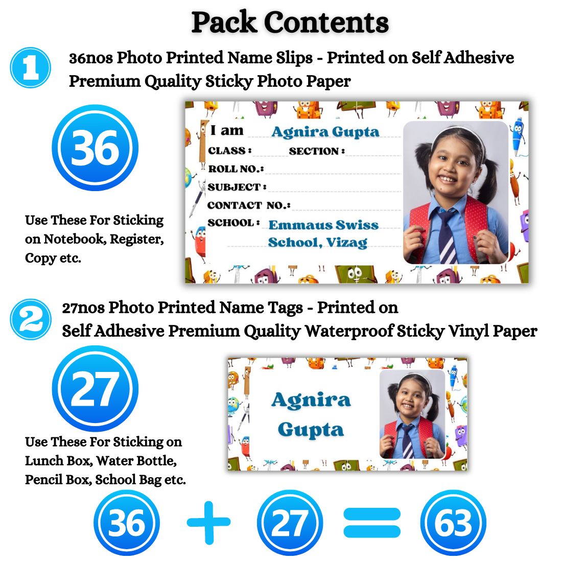 Kids Photo Name Slips & Tags | Pack of 63 | 36 Name Slips & 27 Tags