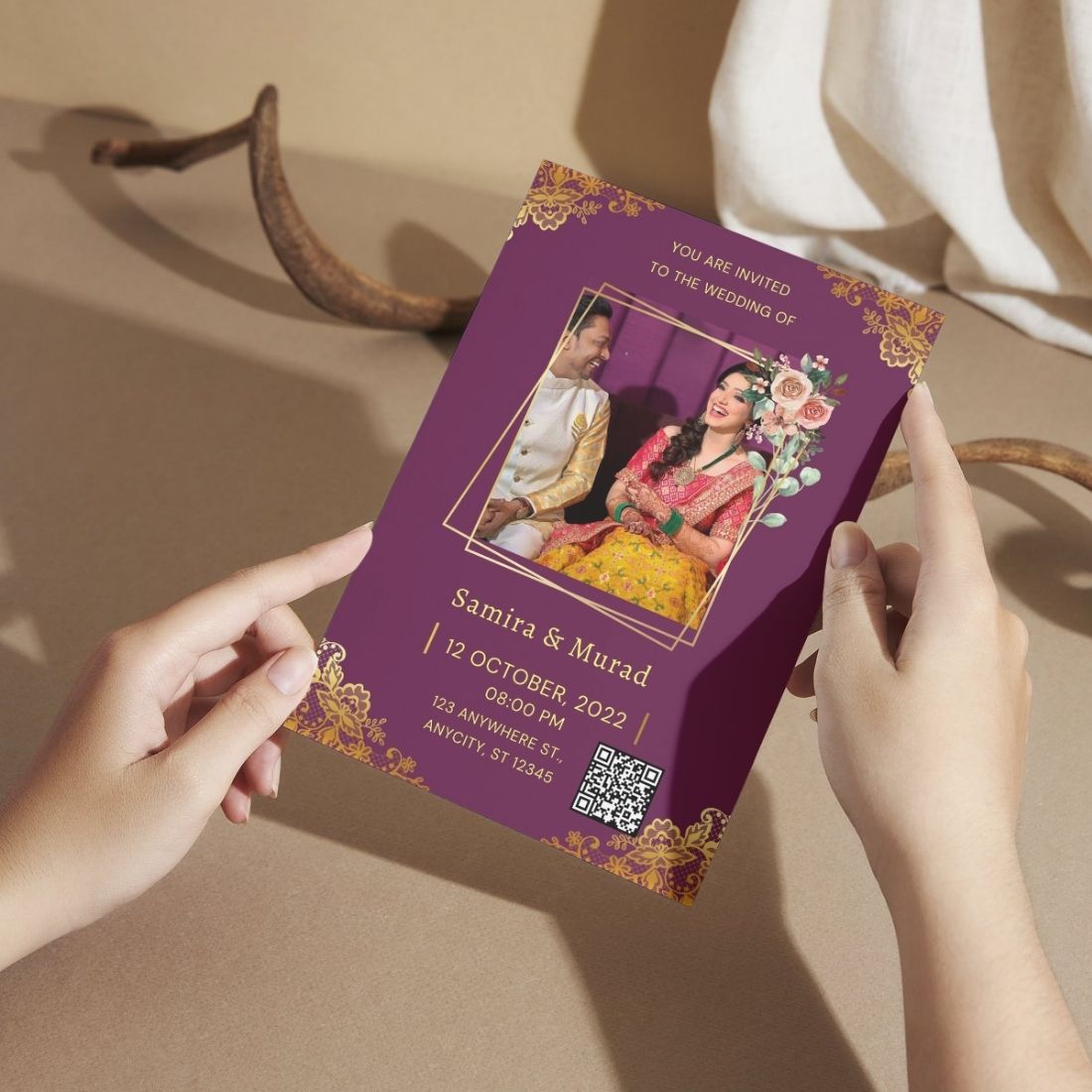 Wedding Invitation Card with Couple Photo | Customised Pack of 12 | One side Printed | Envelopes Included