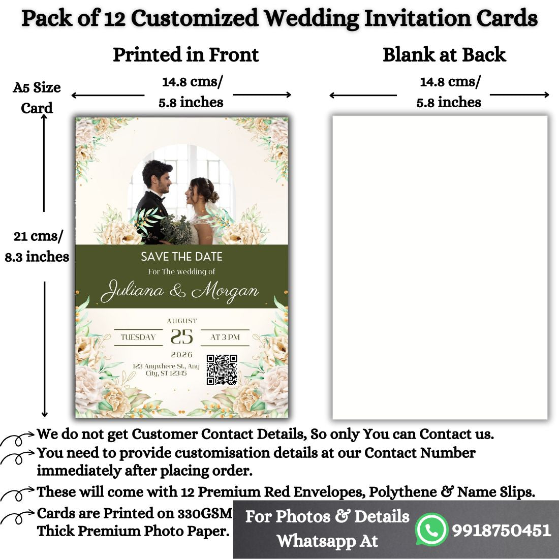 Wedding Invitation Card with Couple Photo | Customised Pack of 12 | One side Printed | Envelopes Included