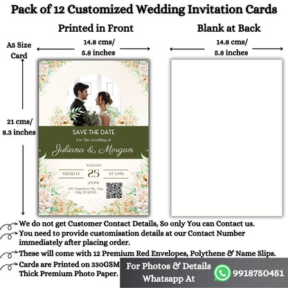 Wedding Invitation Card with Couple Photo | Customised Pack of 12 | One side Printed | Envelopes Included