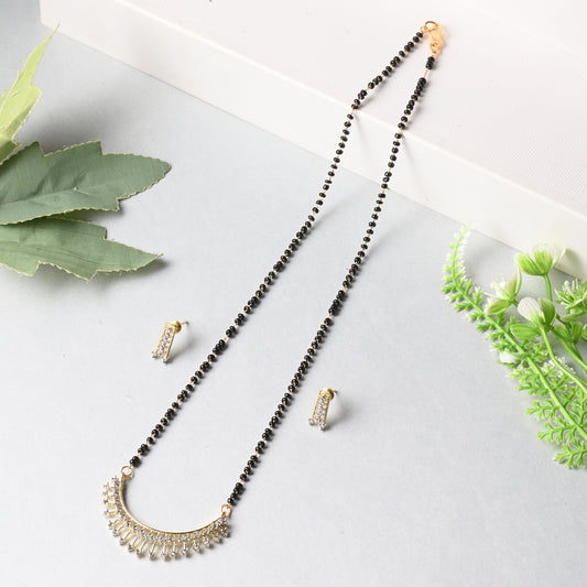 Gold Plated AD Mangalsutra Pendant and Earrings Set with Black Beads Chain
