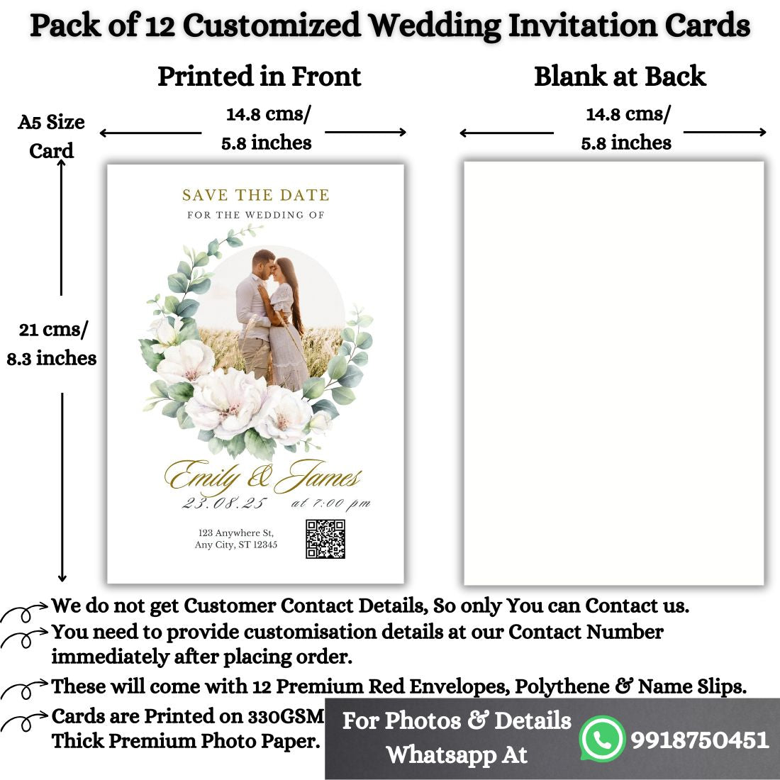 Wedding Invitation Card with Couple Photo | Customised Pack of 12 | One side Printed | Envelopes Included