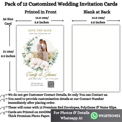 Wedding Invitation Card with Couple Photo | Customised Pack of 12 | One side Printed | Envelopes Included